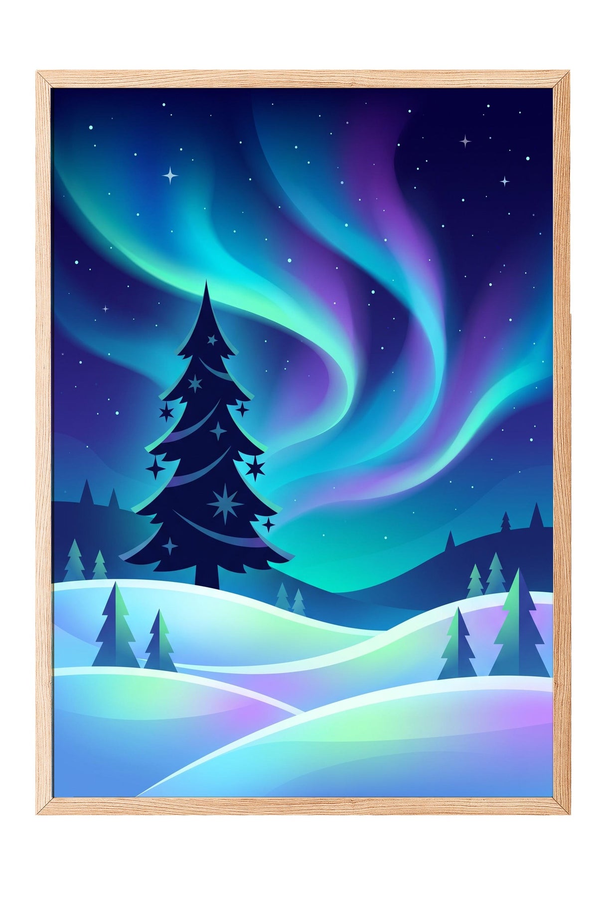 Aurora ve Çam Ağaçları Poster – Ahşap Çerçeveli Tablo