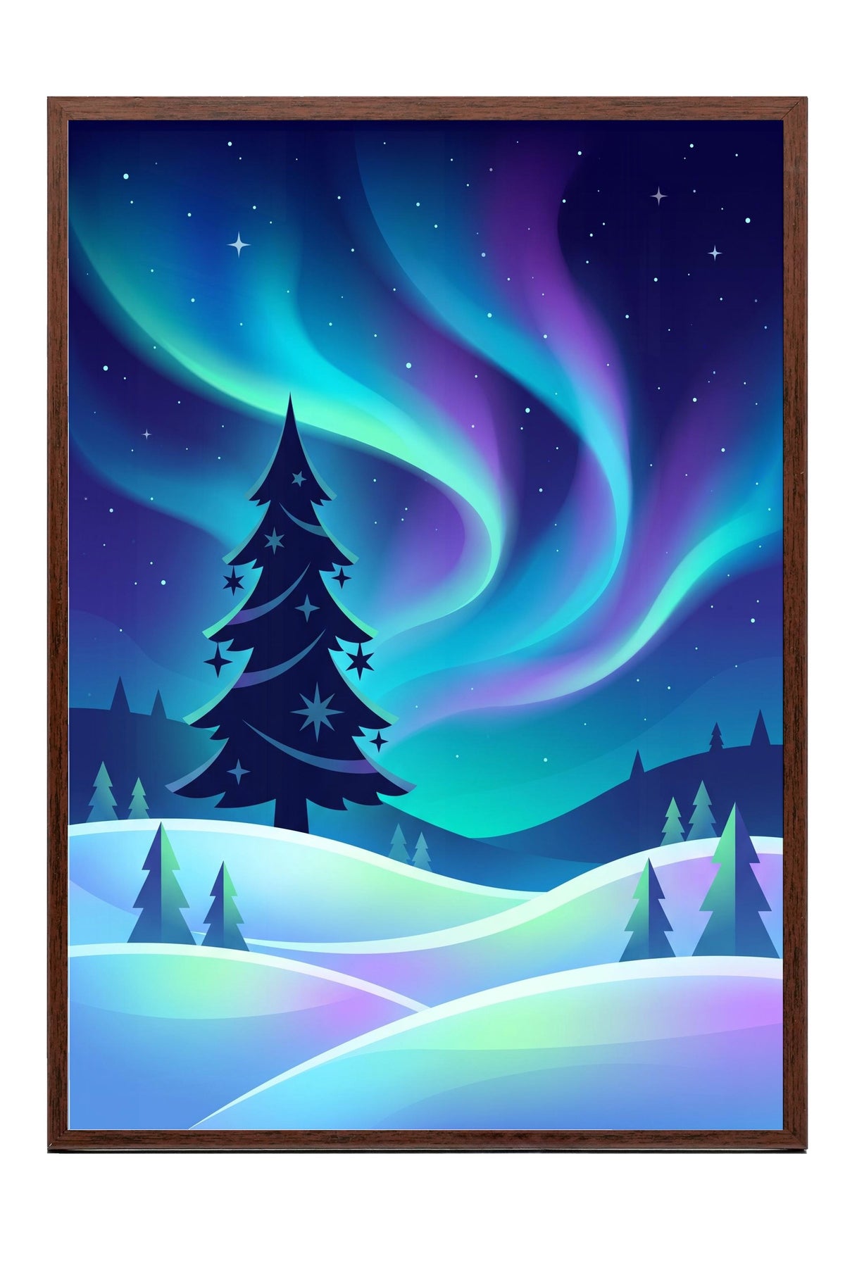 Aurora ve Çam Ağaçları Poster – Kahverengi Çerçeveli Tablo