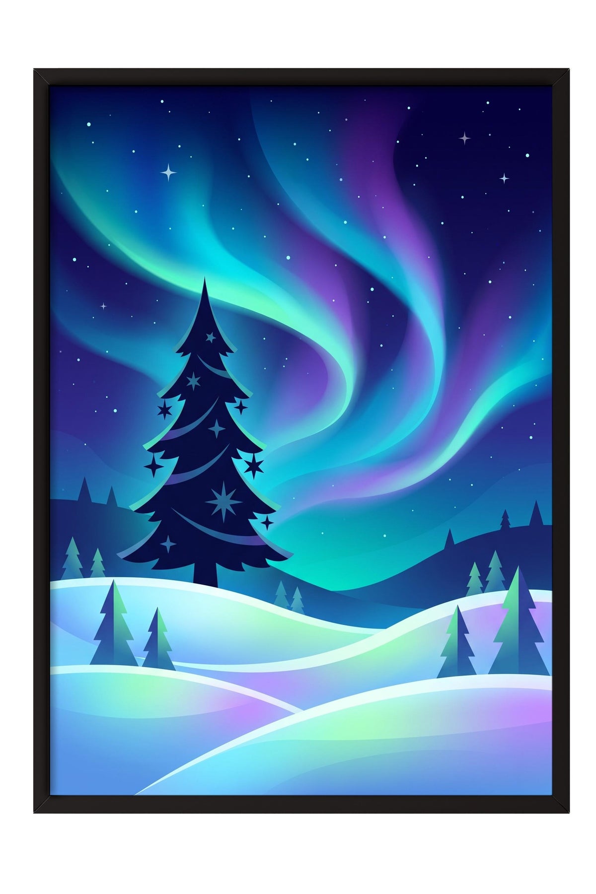 Aurora ve Çam Ağaçları Poster – Siyah Çerçeveli Tablo
