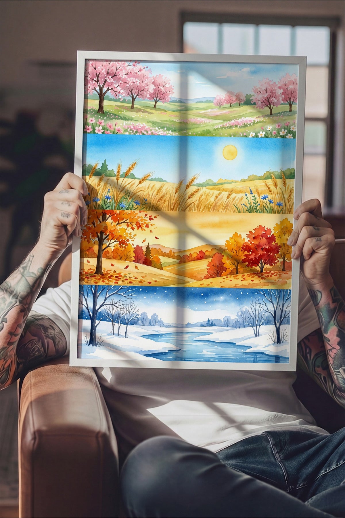 Dört Mevsim Manzara Tablosu Poster – Beyaz Çerçeveli Tablo