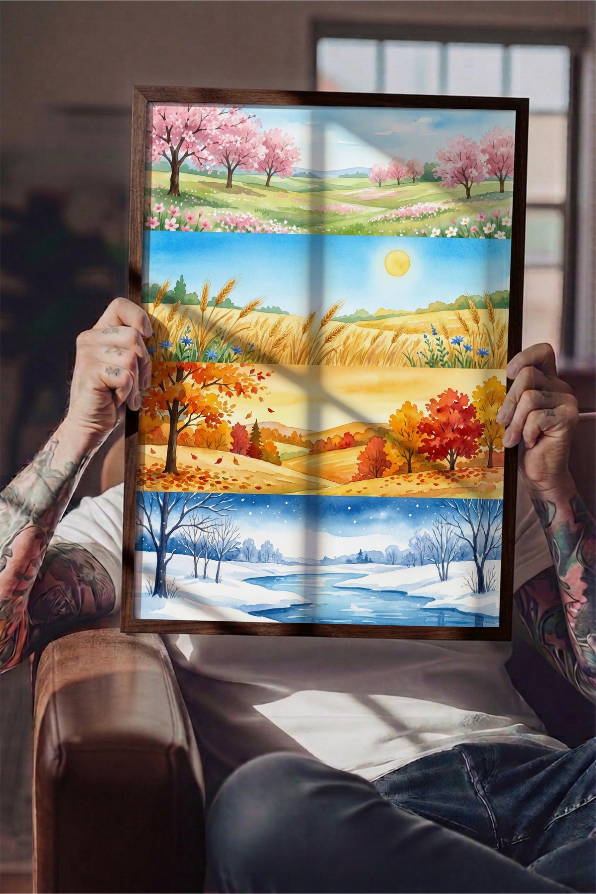 Dört Mevsim Manzara Tablosu Poster – Kahverengi Çerçeveli Tablo