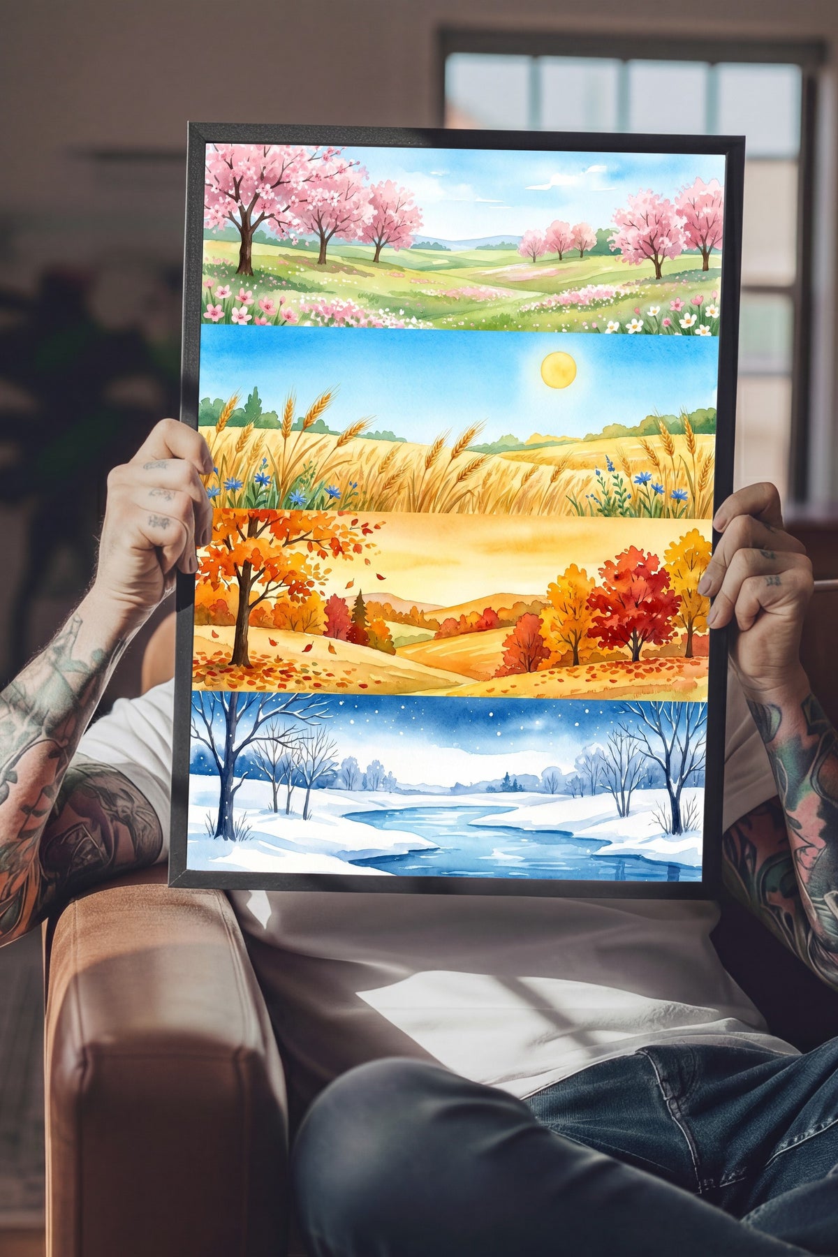Dört Mevsim Manzara Tablosu Poster – Siyah Çerçeveli Tablo