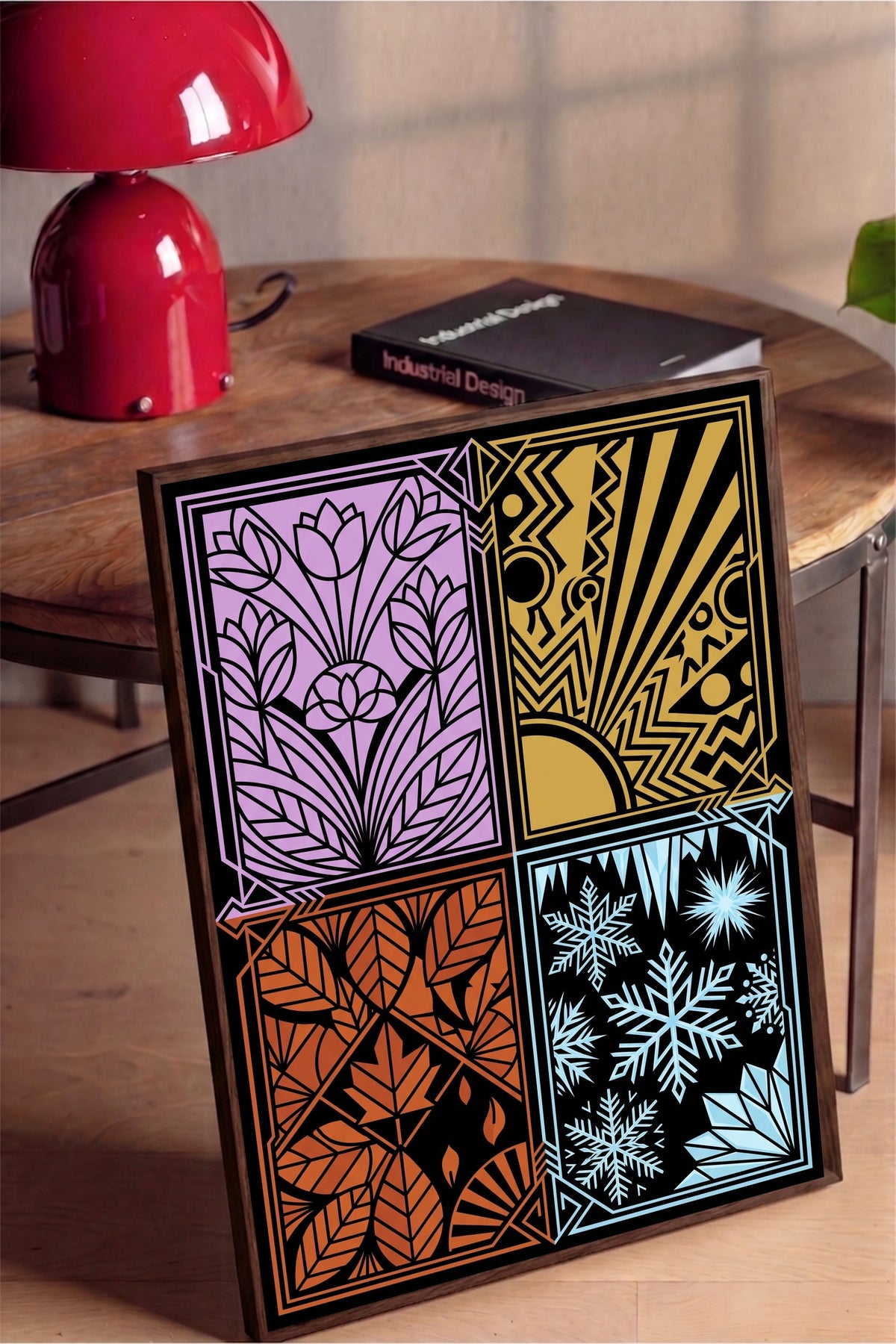 Dört Mevsim Stilize Desenler Poster – Kahverengi Çerçeveli Tablo