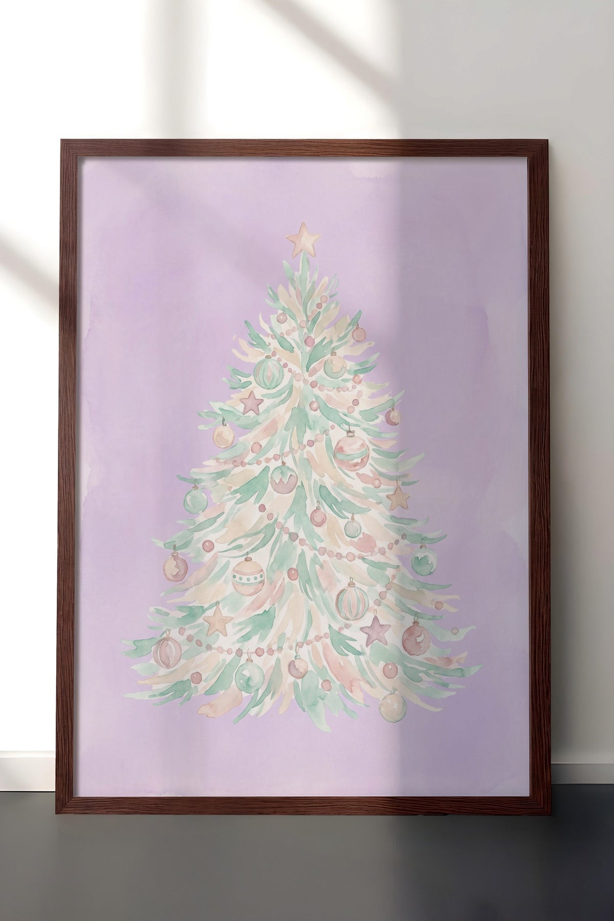 Pastel Yılbaşı Ağacı Poster – Kahverengi Çerçeveli Tablo