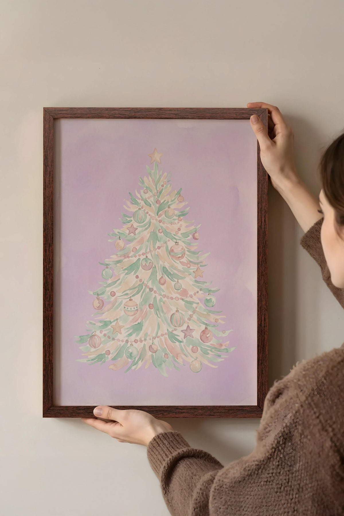 Pastel Yılbaşı Ağacı Poster – Kahverengi Çerçeveli Tablo