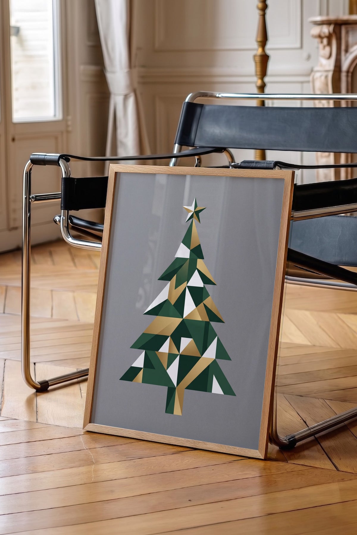 Geometrik Yılbaşı Ağacı Poster – Ahşap Çerçeveli Tablo