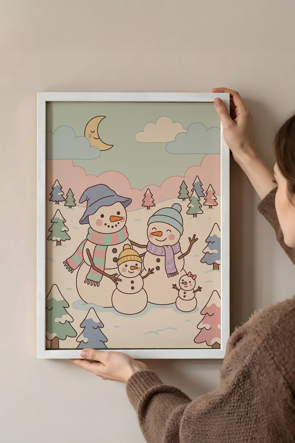 Kış Manzarasında Kardan Adamlar Poster – Beyaz Çerçeveli Tablo