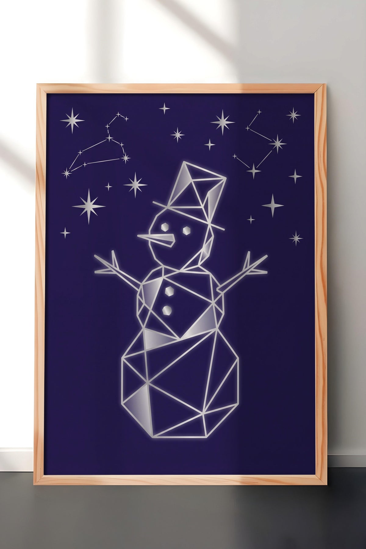 Geometrik Kardan Adam ve Yıldızlar Poster – Ahşap Çerçeveli Tablo