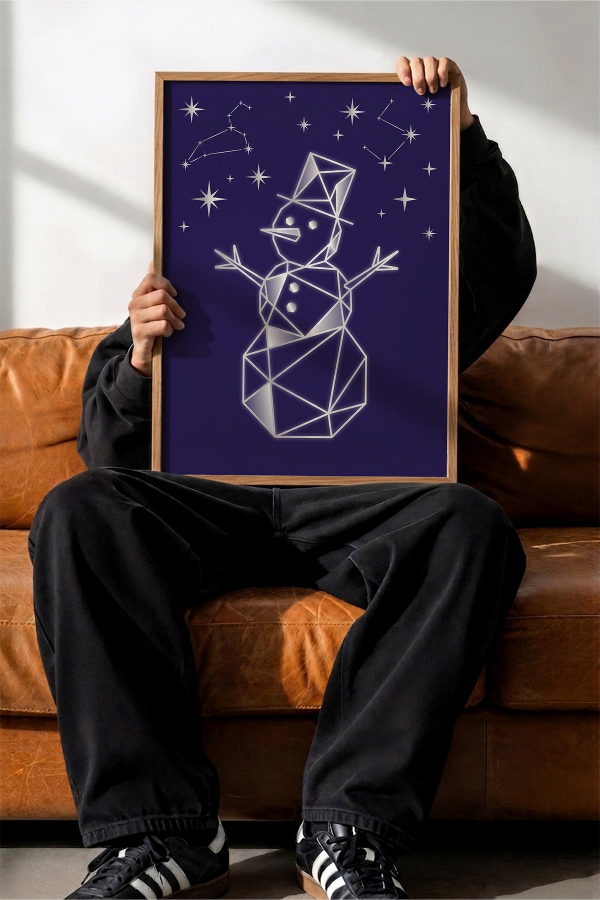 Geometrik Kardan Adam ve Yıldızlar Poster – Ahşap Çerçeveli Tablo