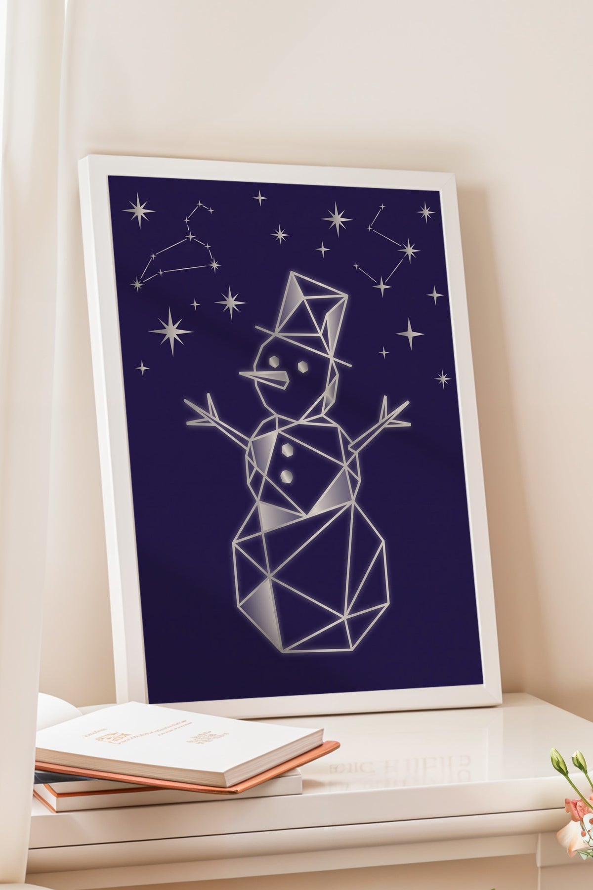 Geometrik Kardan Adam ve Yıldızlar Poster – Beyaz Çerçeveli Tablo