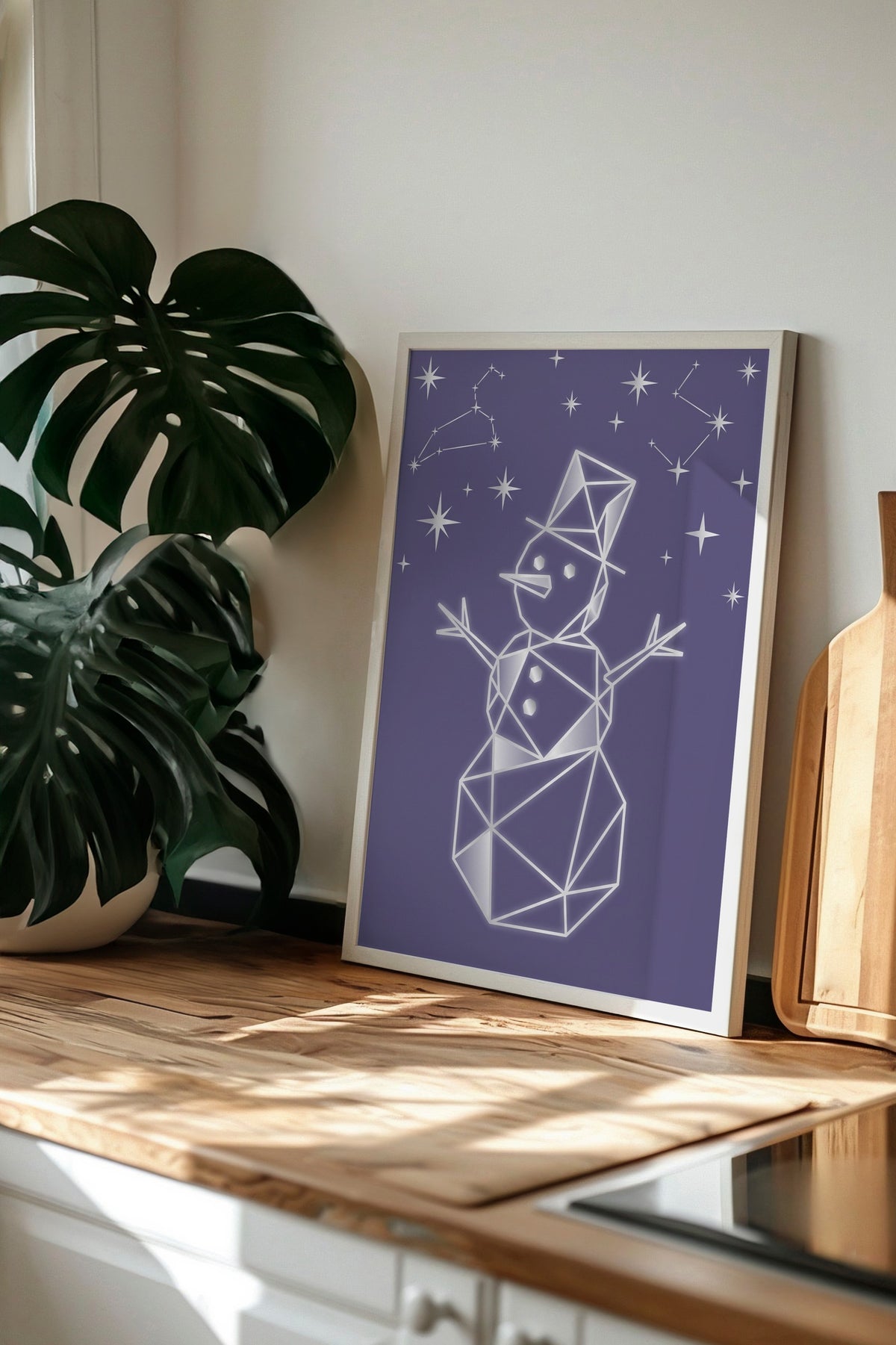 Geometrik Kardan Adam ve Yıldızlar Poster – Beyaz Çerçeveli Tablo