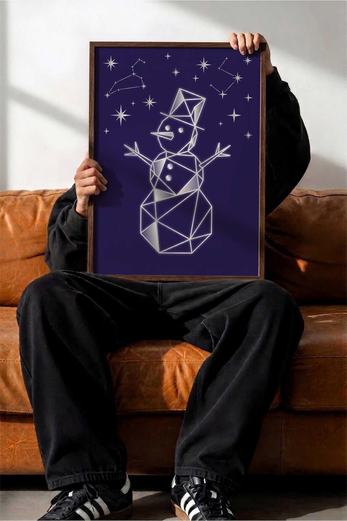 Geometrik Kardan Adam ve Yıldızlar Poster – Kahverengi Çerçeveli Tablo