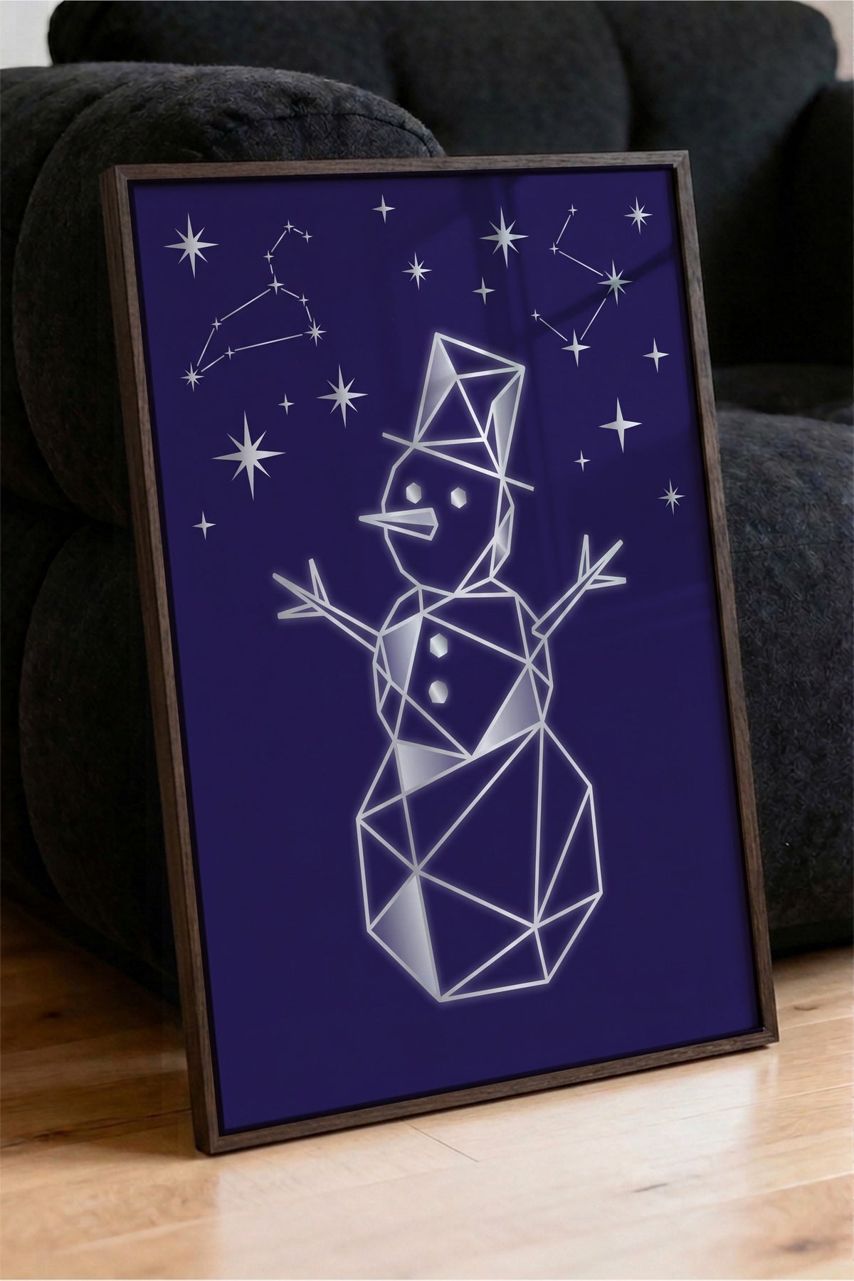Geometrik Kardan Adam ve Yıldızlar Poster – Kahverengi Çerçeveli Tablo