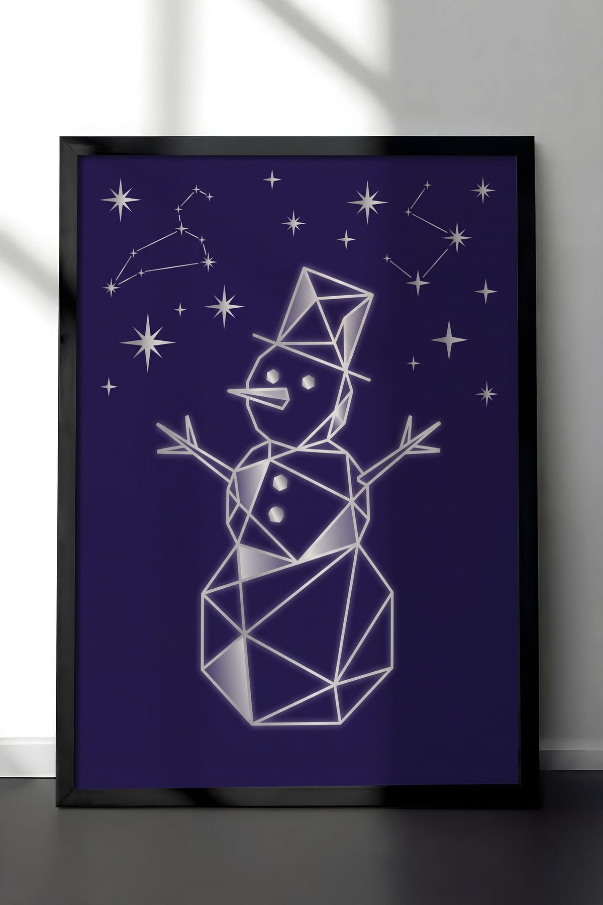 Geometrik Kardan Adam ve Yıldızlar Poster – Siyah Çerçeveli Tablo