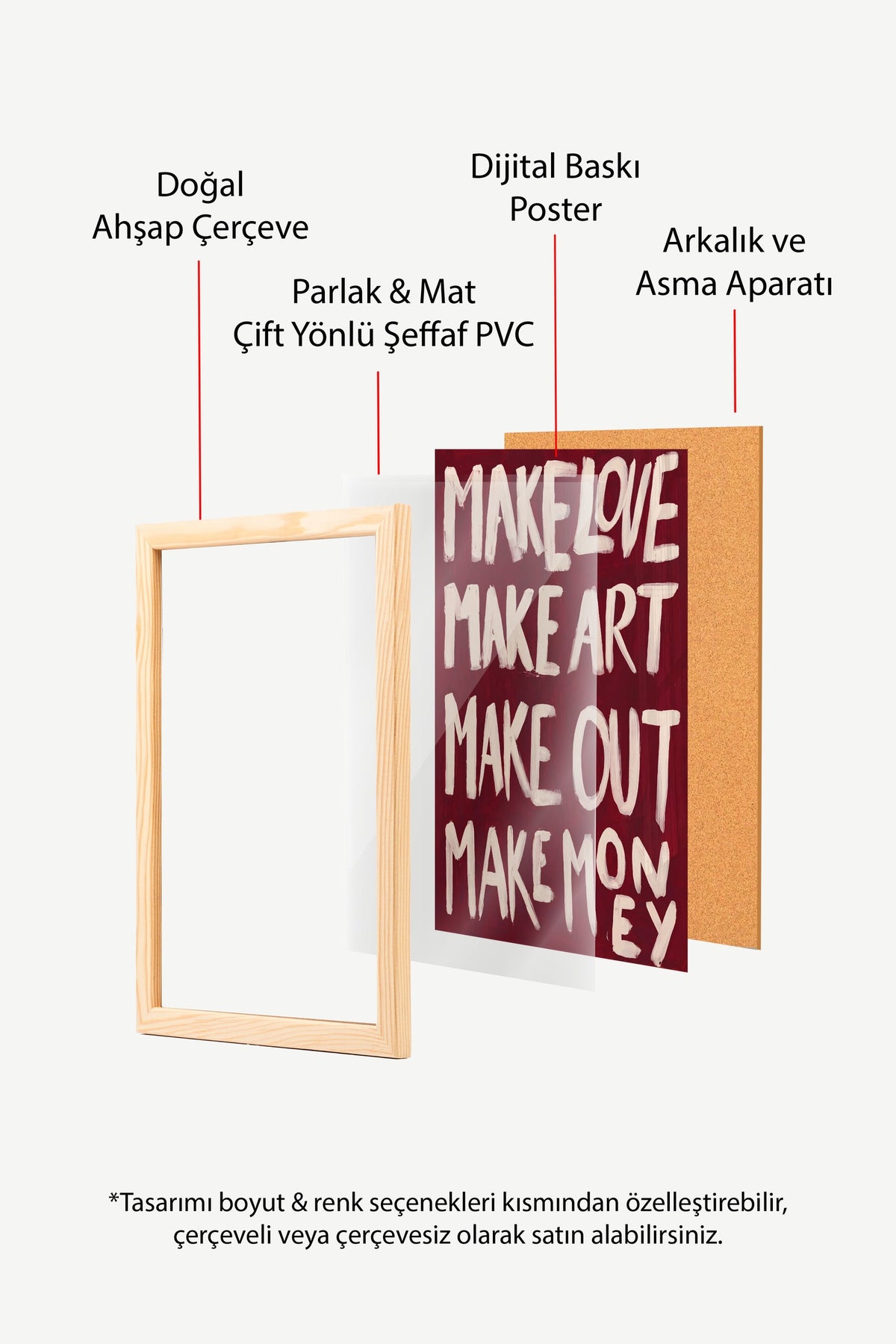MAKE LOVE MAKE ART MAKE OUT MAKE MONEY Poster – Ahşap Çerçeveli Tablo