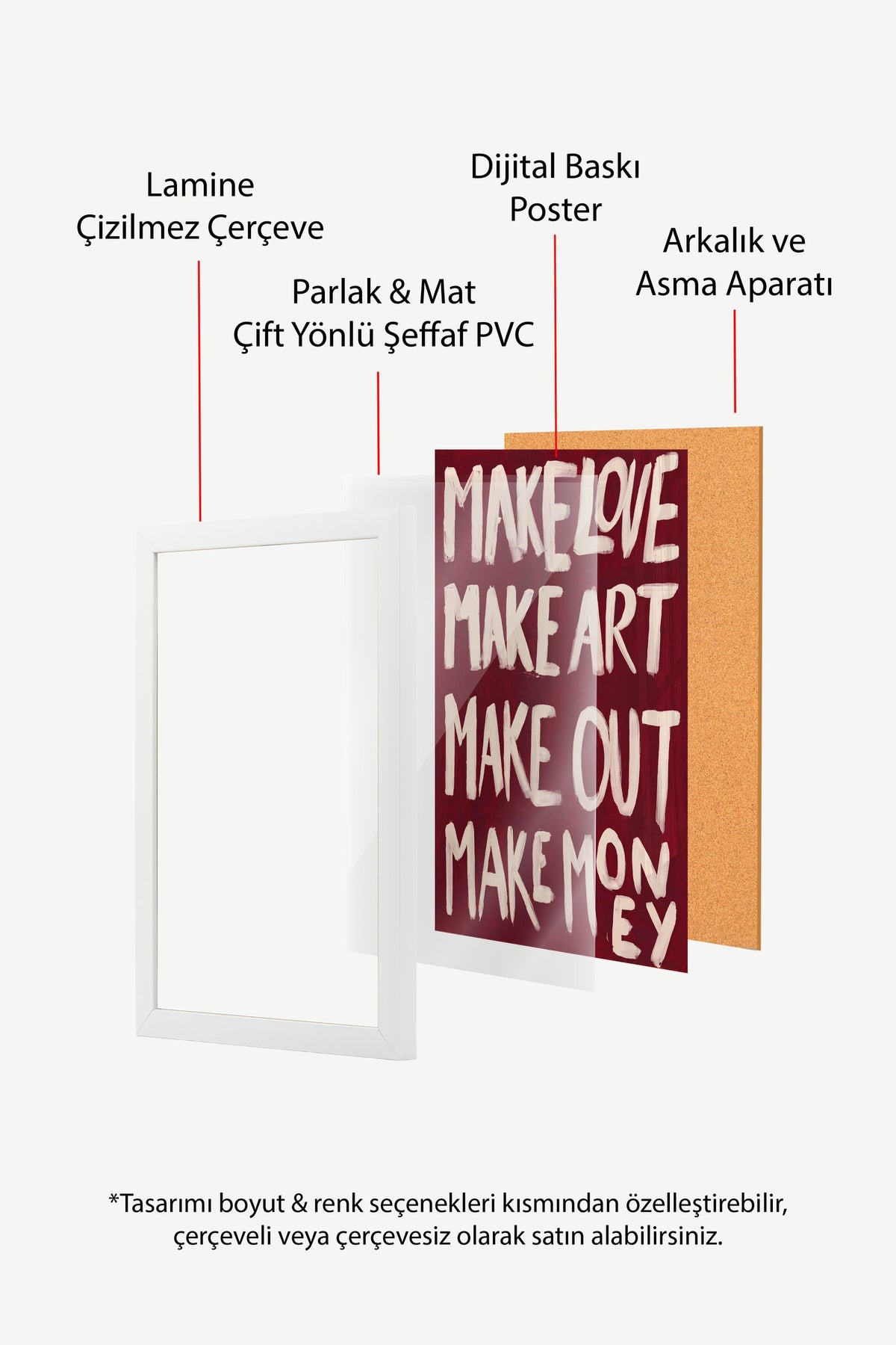 MAKE LOVE MAKE ART MAKE OUT MAKE MONEY Poster – Beyaz Çerçeveli Tablo
