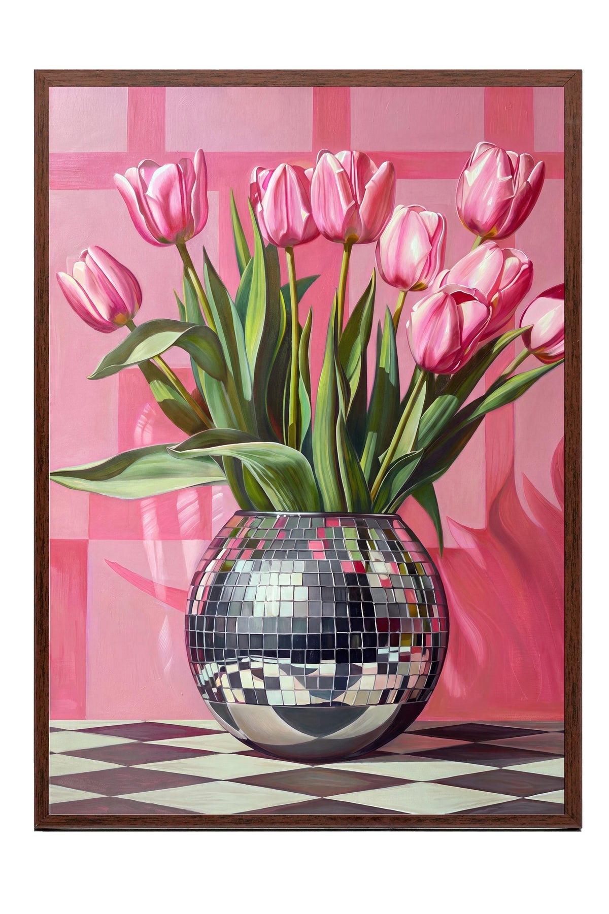 Vazoda Pembe Laleler Poster – Kahverengi Çerçeveli Tablo
