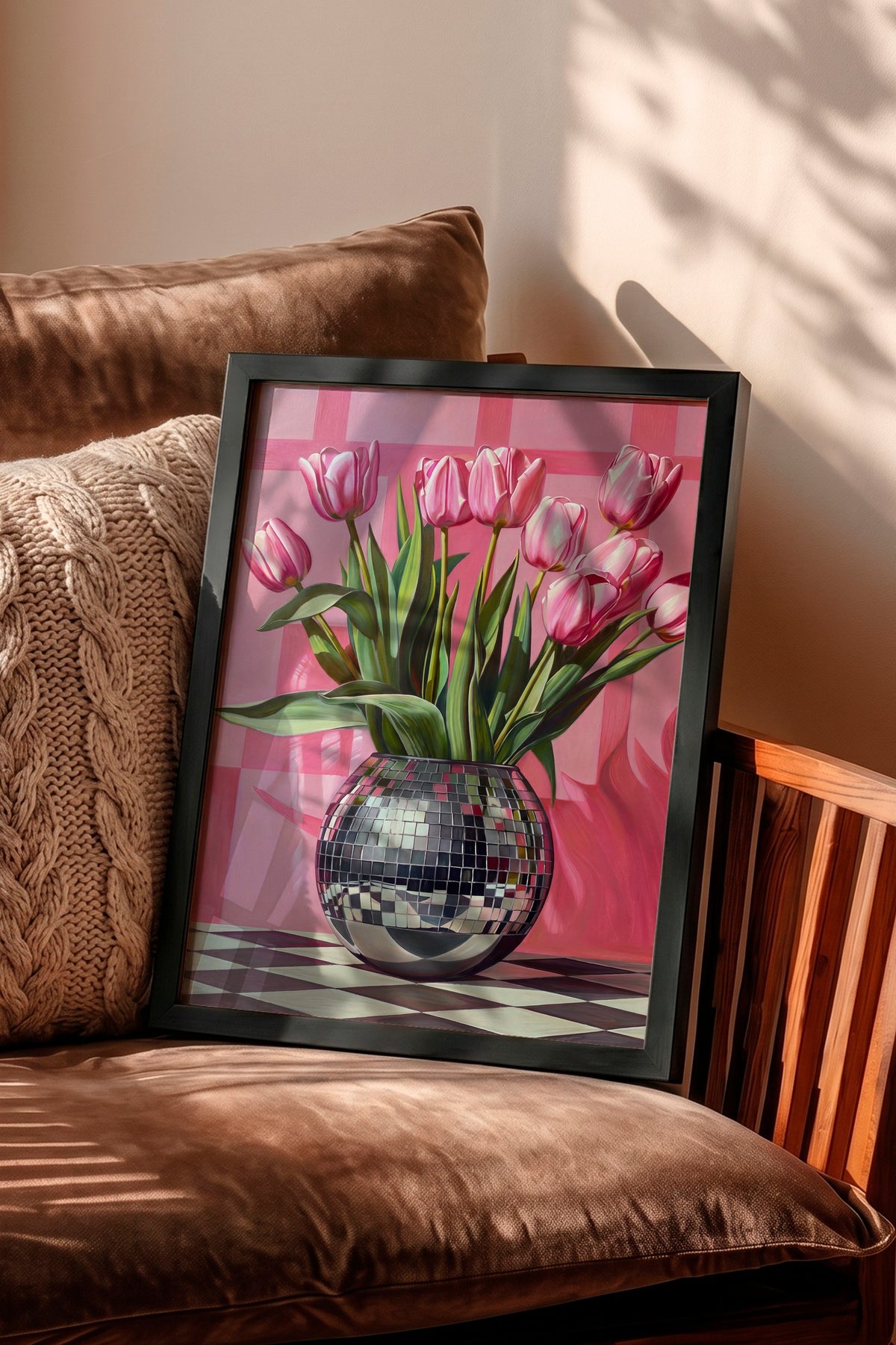Vazoda Pembe Laleler Poster – Siyah Çerçeveli Tablo