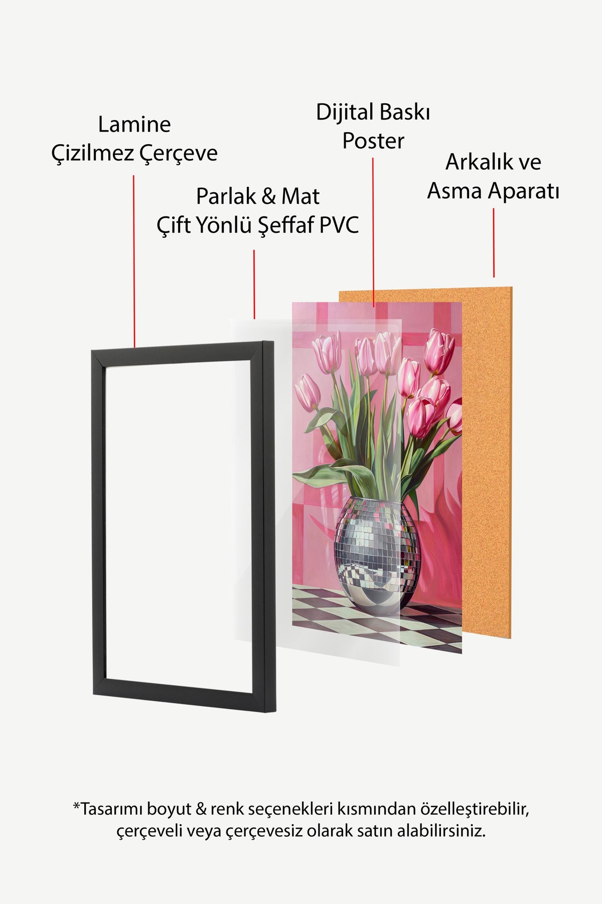 Vazoda Pembe Laleler Poster – Siyah Çerçeveli Tablo