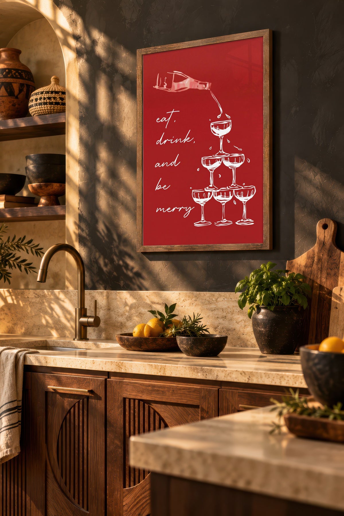 eat, drink, and be merry Poster – Kahverengi Çerçeveli Tablo