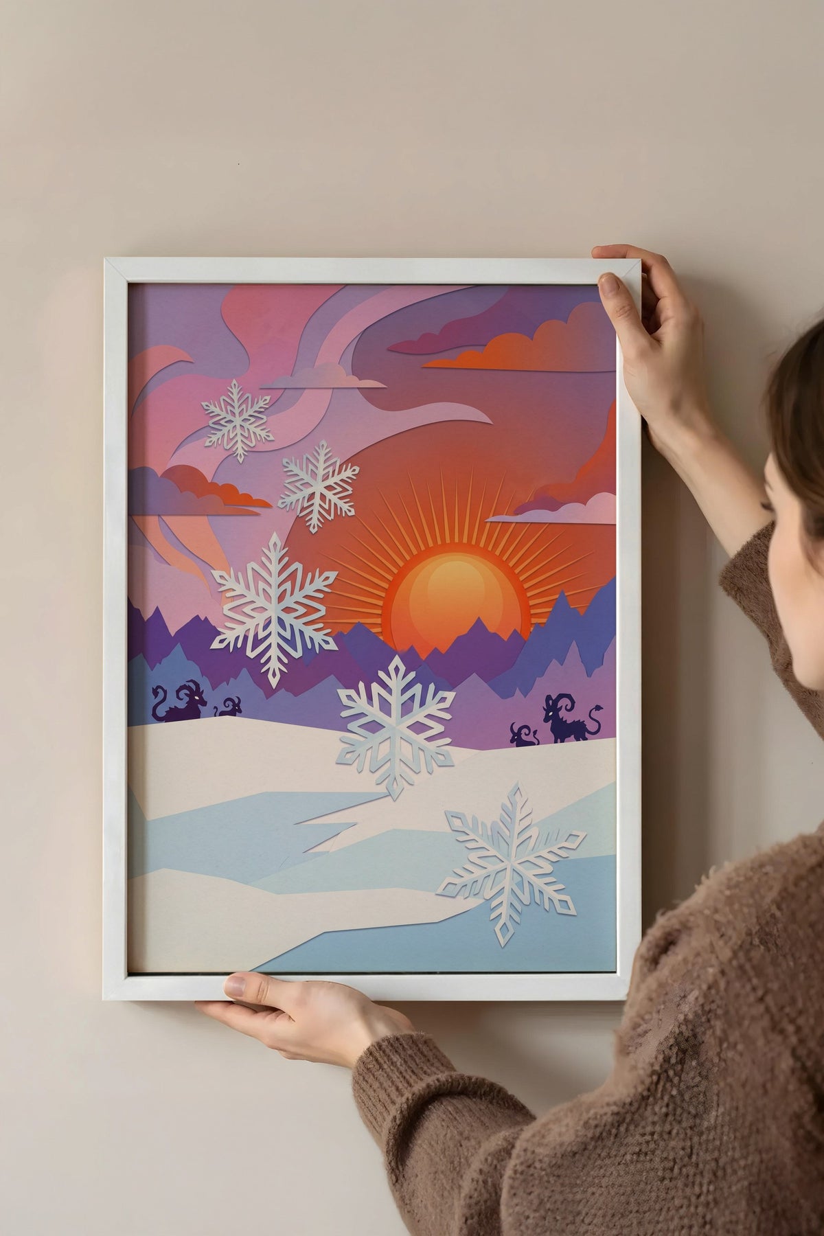 Kış Manzarasında Kar Taneleri Poster – Beyaz Çerçeveli Tablo