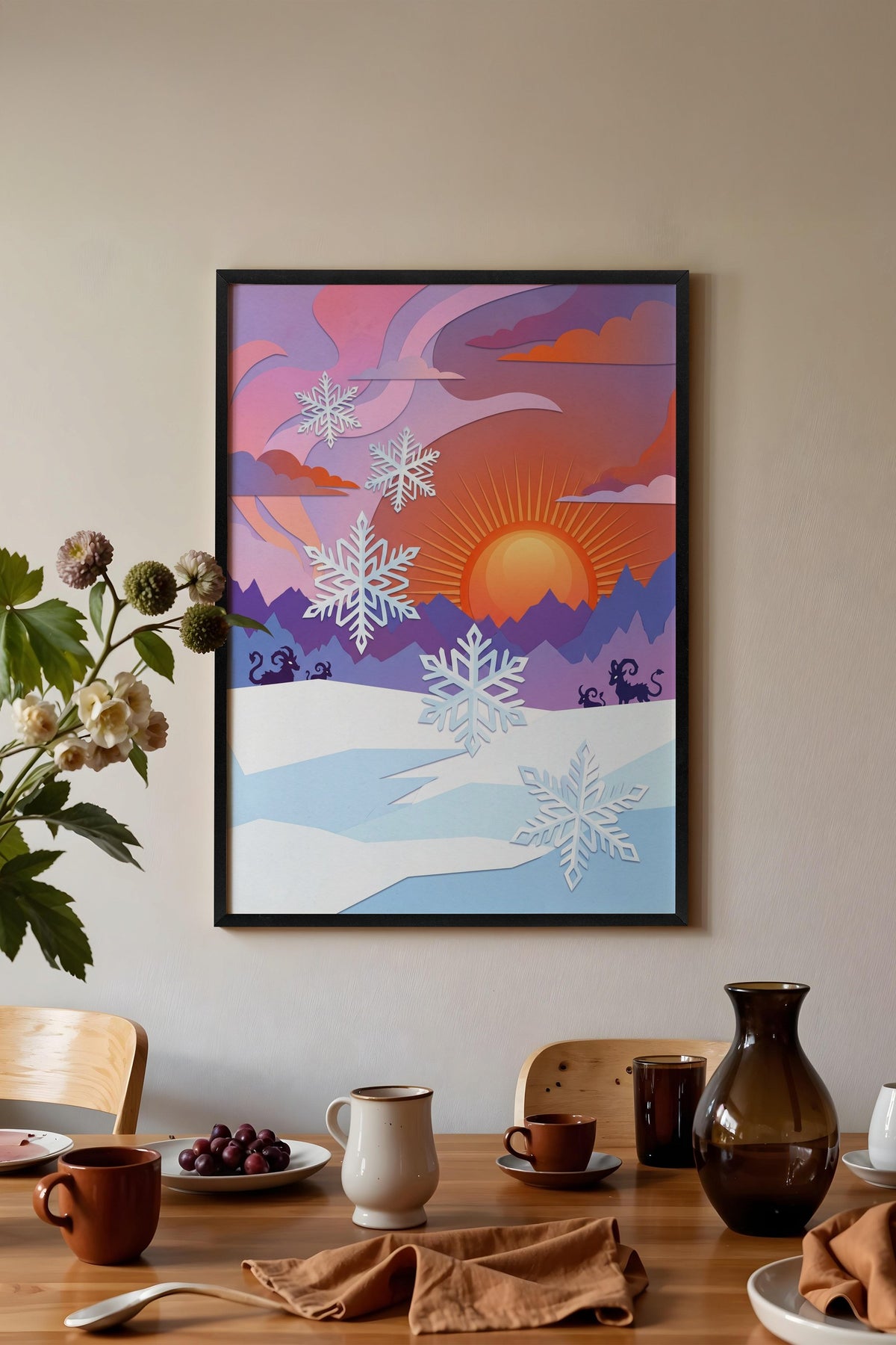 Kış Manzarasında Kar Taneleri Poster – Siyah Çerçeveli Tablo