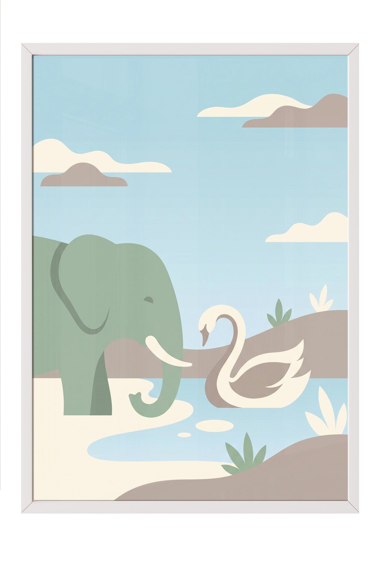 Fil ve Kuğu Minimalist Poster – Beyaz Çerçeveli Tablo