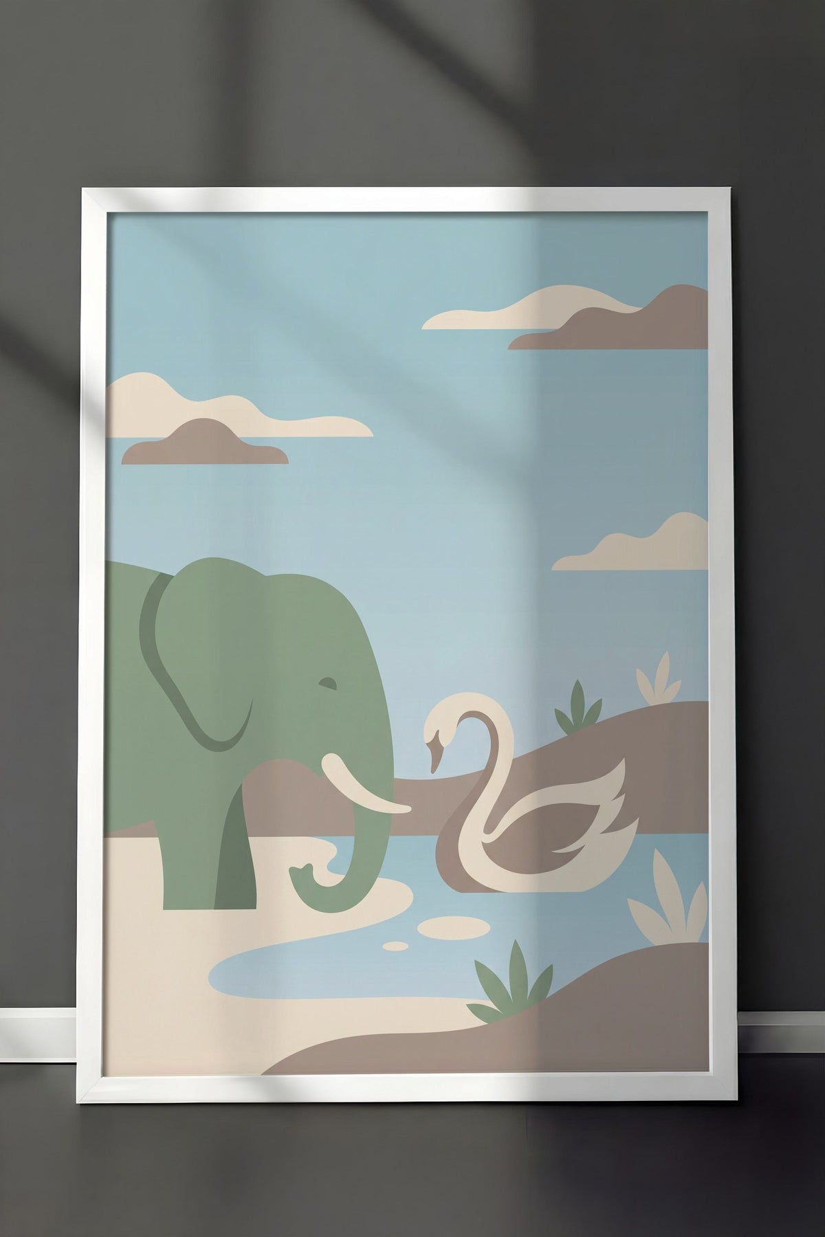 Fil ve Kuğu Minimalist Poster – Beyaz Çerçeveli Tablo