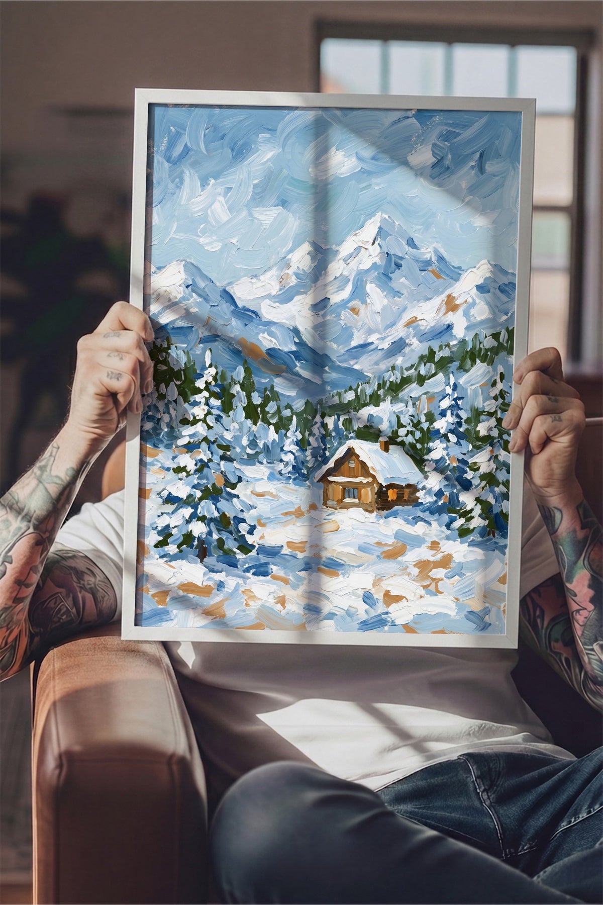 Kış Manzarası ve Dağ Evi Poster – Beyaz Çerçeveli Tablo