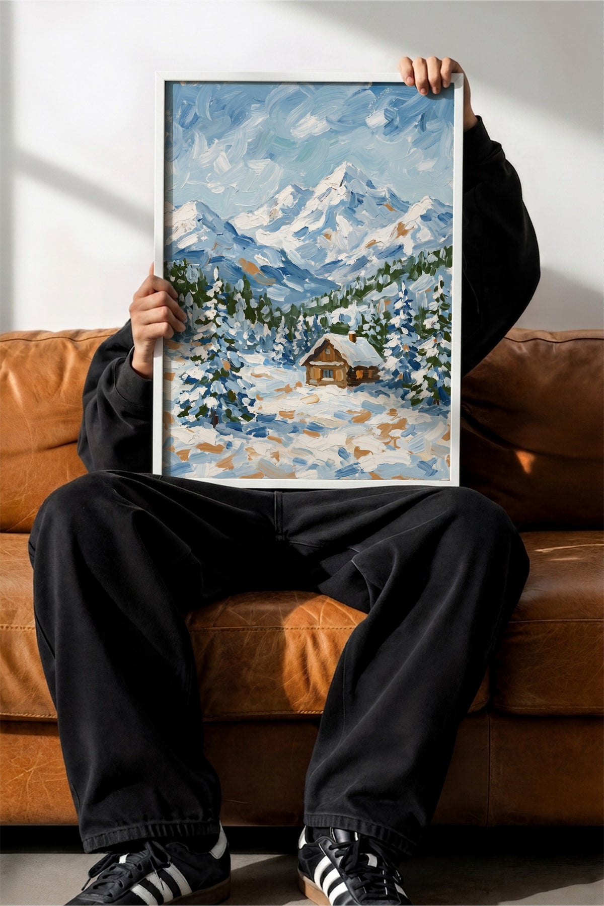 Kış Manzarası ve Dağ Evi Poster – Beyaz Çerçeveli Tablo