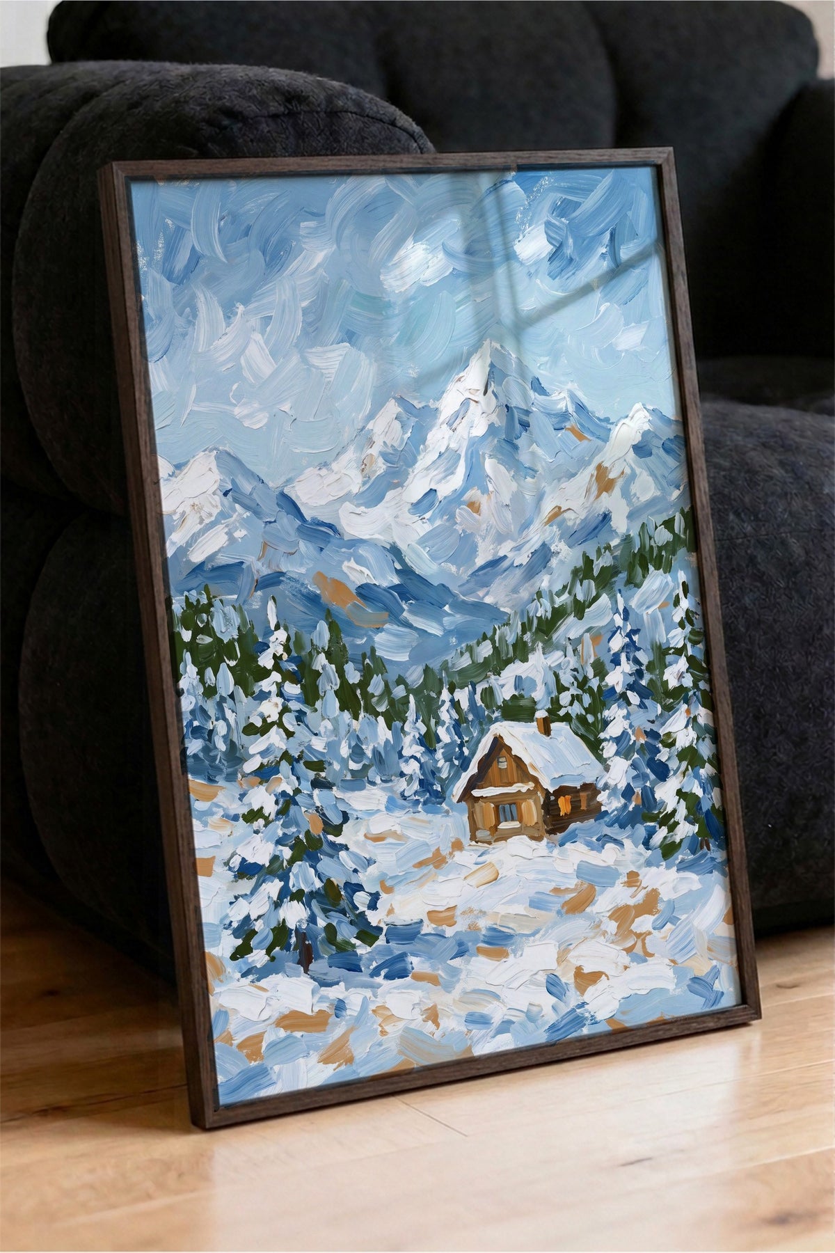 Kış Manzarası ve Dağ Evi Poster – Kahverengi Çerçeveli Tablo