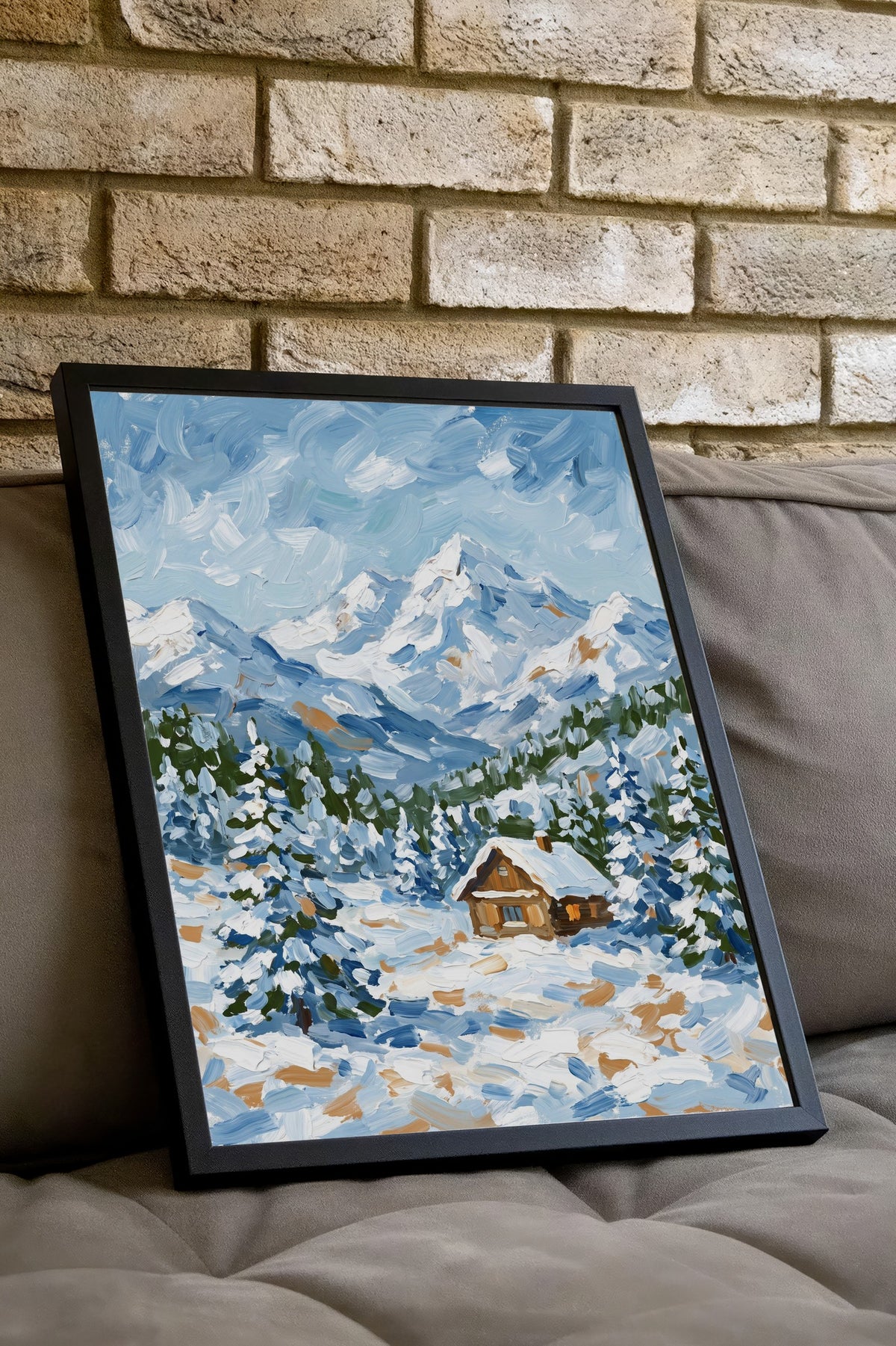 Kış Manzarası ve Dağ Evi Poster – Siyah Çerçeveli Tablo