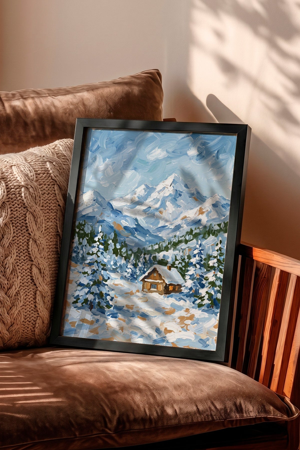Kış Manzarası ve Dağ Evi Poster – Siyah Çerçeveli Tablo