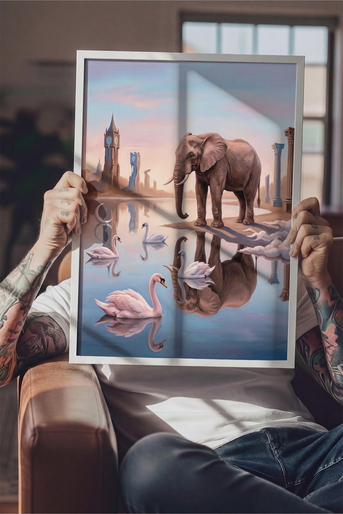 Fantezi Fil ve Kuğu Kompozisyonu Poster – Beyaz Çerçeveli Tablo