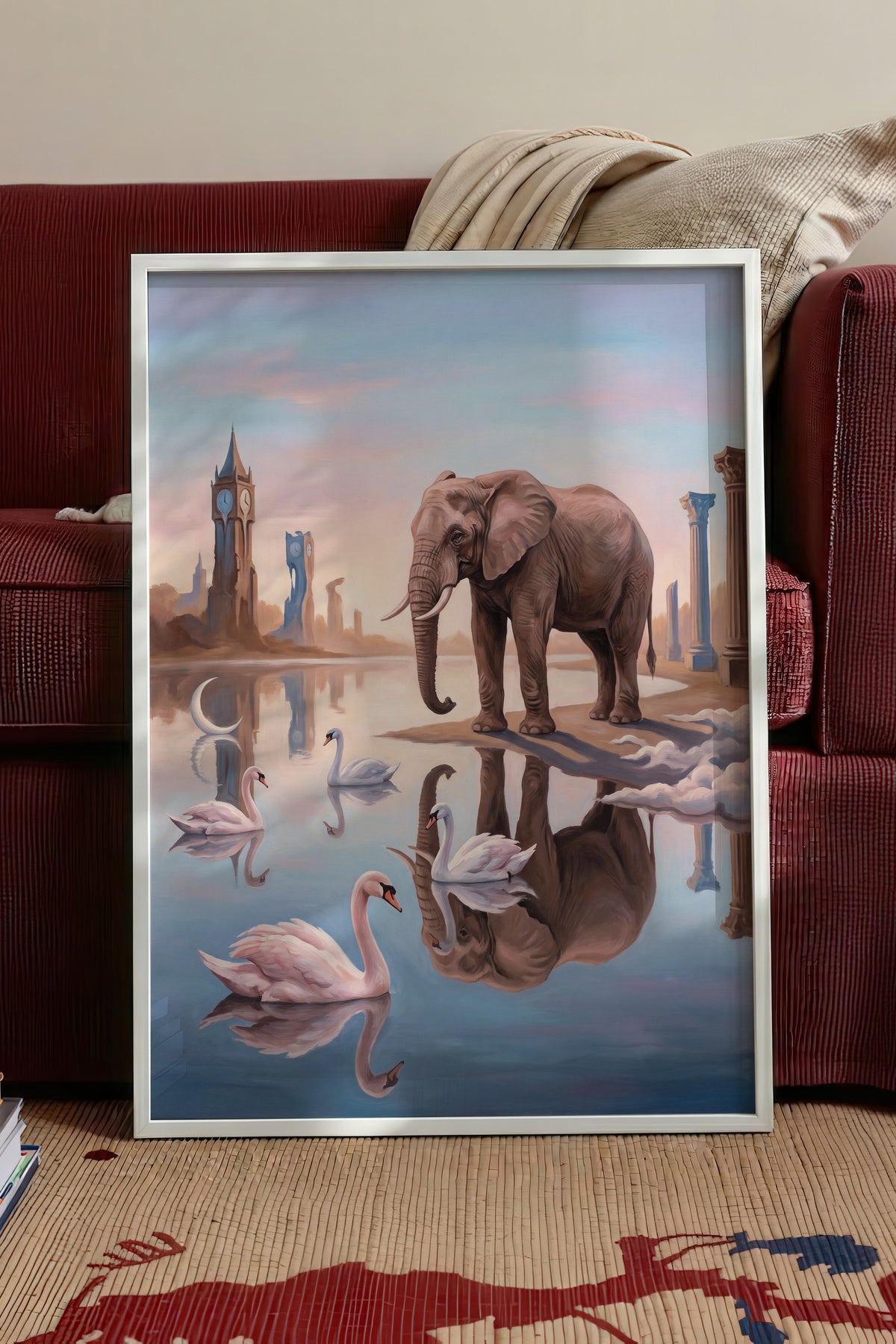 Fantezi Fil ve Kuğu Kompozisyonu Poster – Beyaz Çerçeveli Tablo