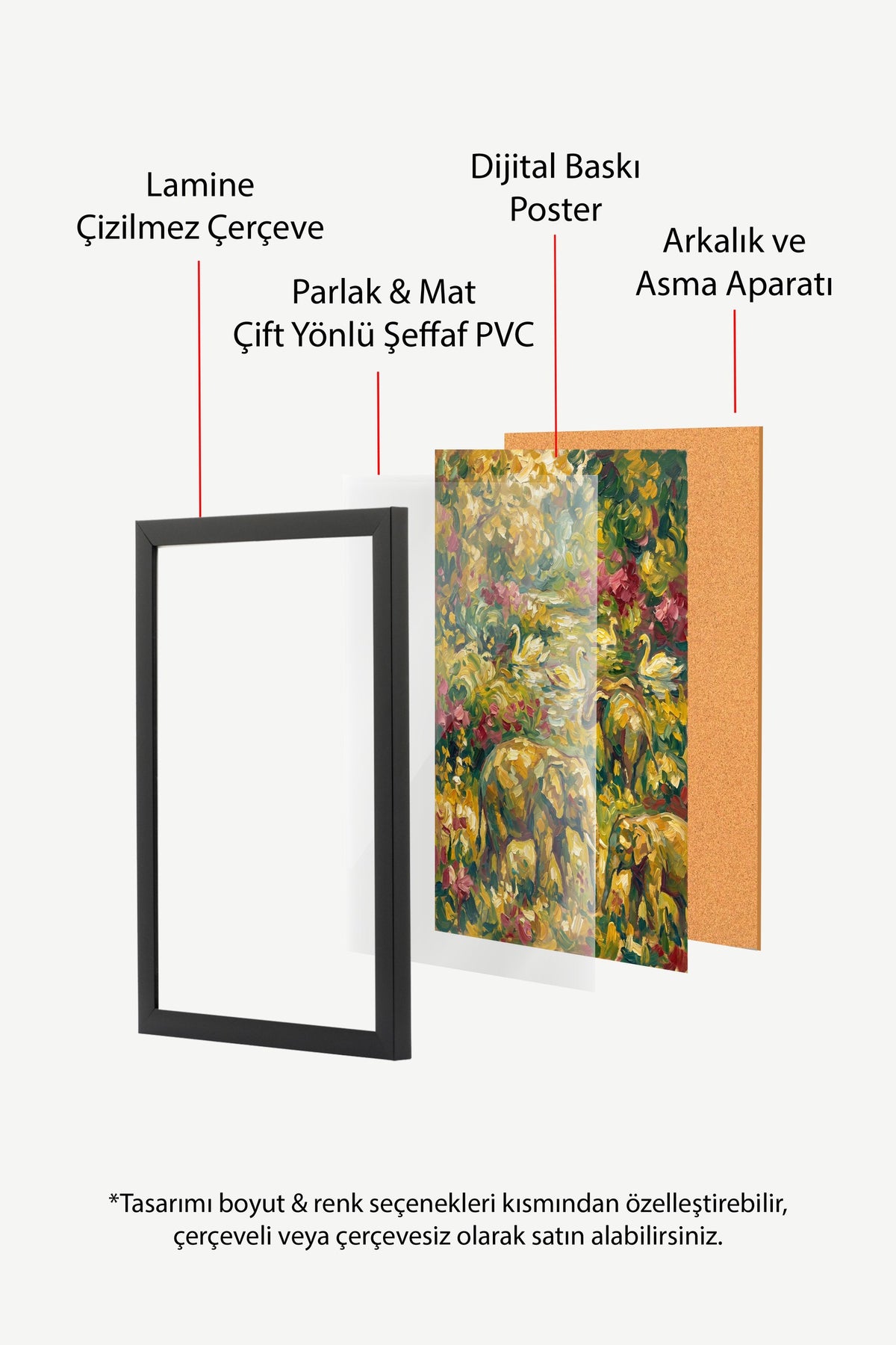 Fil ve Kuğularla Renkli Doğa Poster – Siyah Çerçeveli Tablo