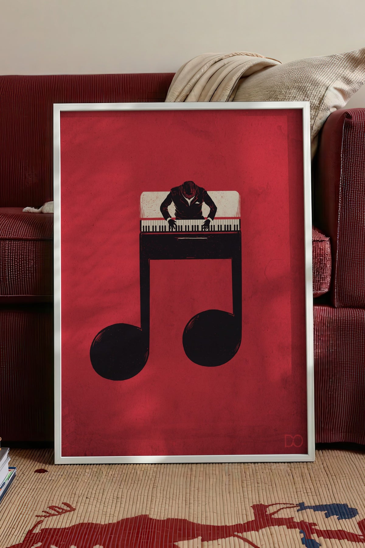 Piyanist ve Nota İllüstrasyonu Poster – Beyaz Çerçeveli Tablo
