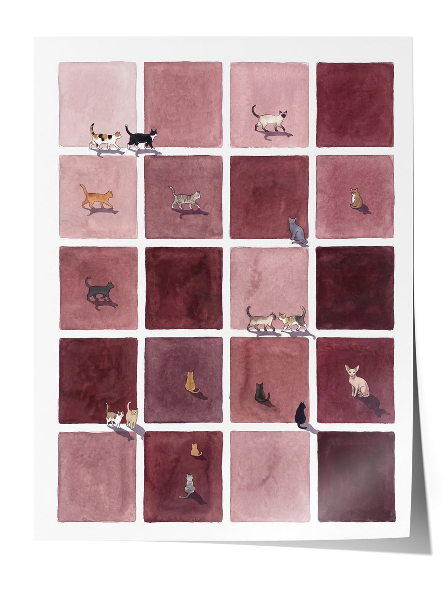 Pembe Karelerde Kedi Düzeni Çerçevesiz Poster