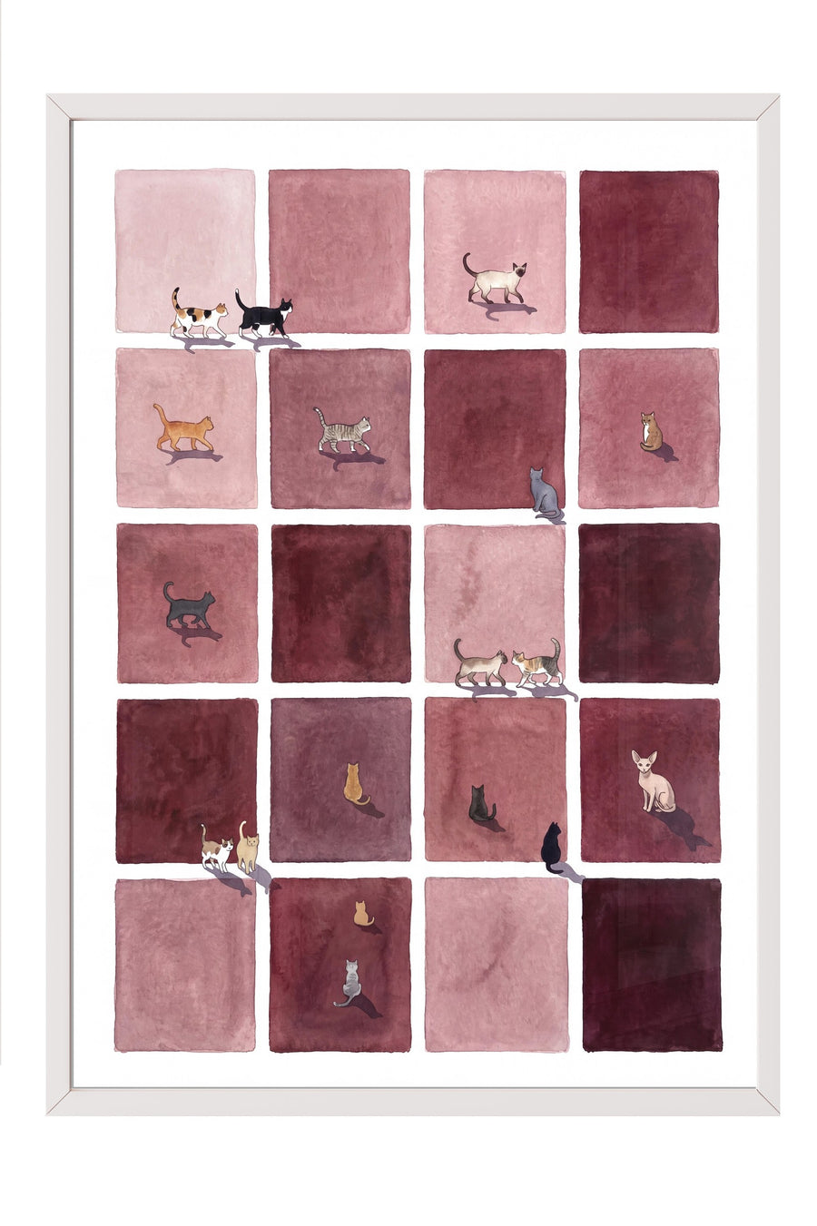 Pembe Karelerde Kedi Düzeni Poster – Beyaz Çerçeveli Tablo