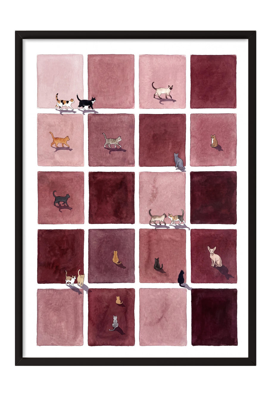 Pembe Karelerde Kedi Düzeni Poster – Siyah Çerçeveli Tablo