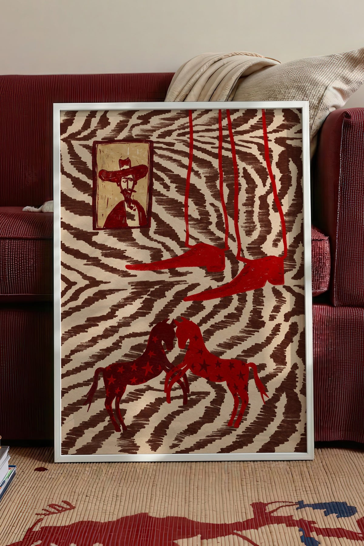 Zebra Desenli Atlar ve Portre Poster – Beyaz Çerçeveli Tablo
