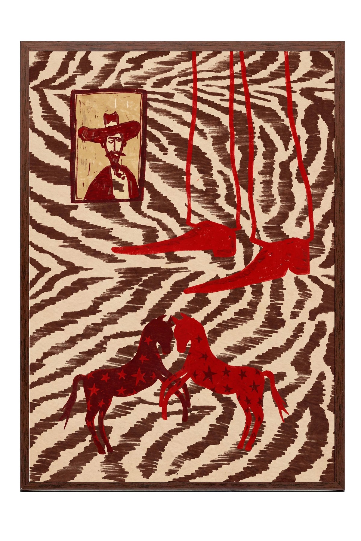 Zebra Desenli Atlar ve Portre Poster – Kahverengi Çerçeveli Tablo