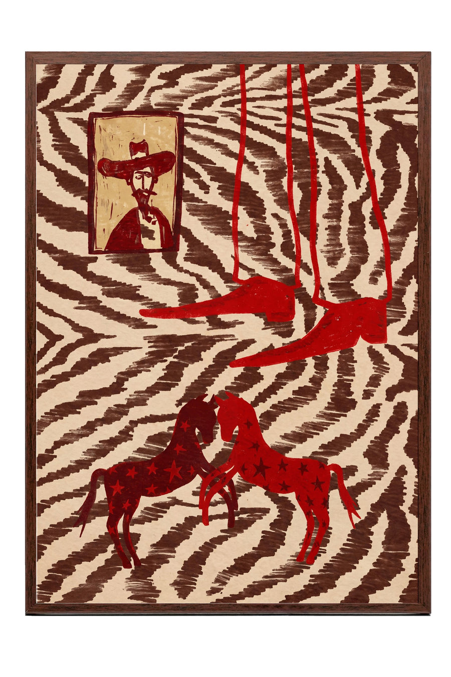 Zebra Desenli Atlar ve Portre Poster – Kahverengi Çerçeveli Tablo
