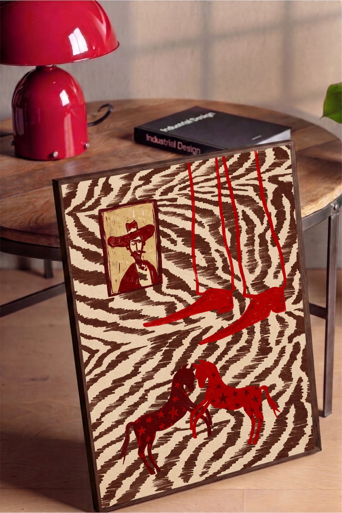Zebra Desenli Atlar ve Portre Poster – Kahverengi Çerçeveli Tablo