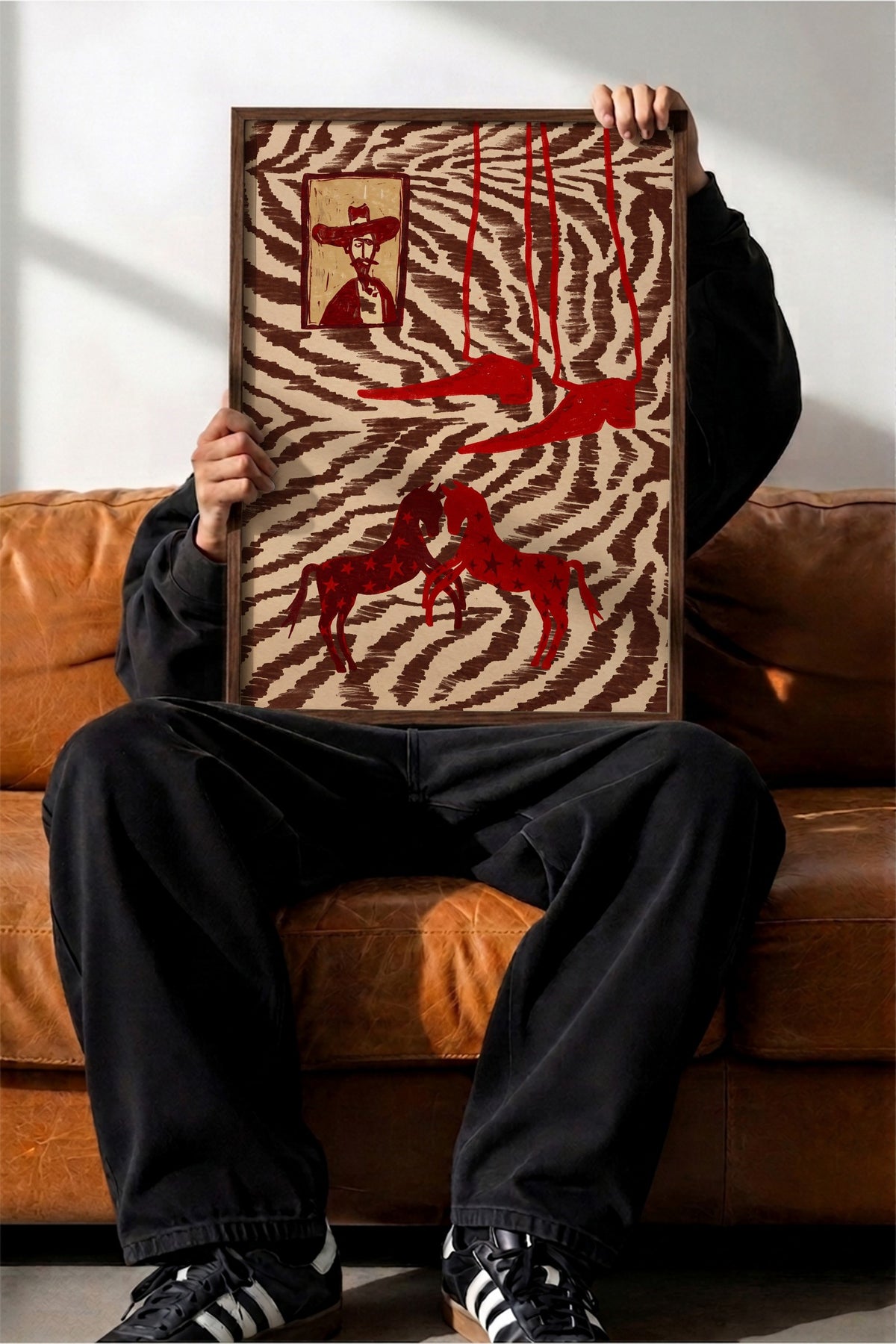 Zebra Desenli Atlar ve Portre Poster – Kahverengi Çerçeveli Tablo