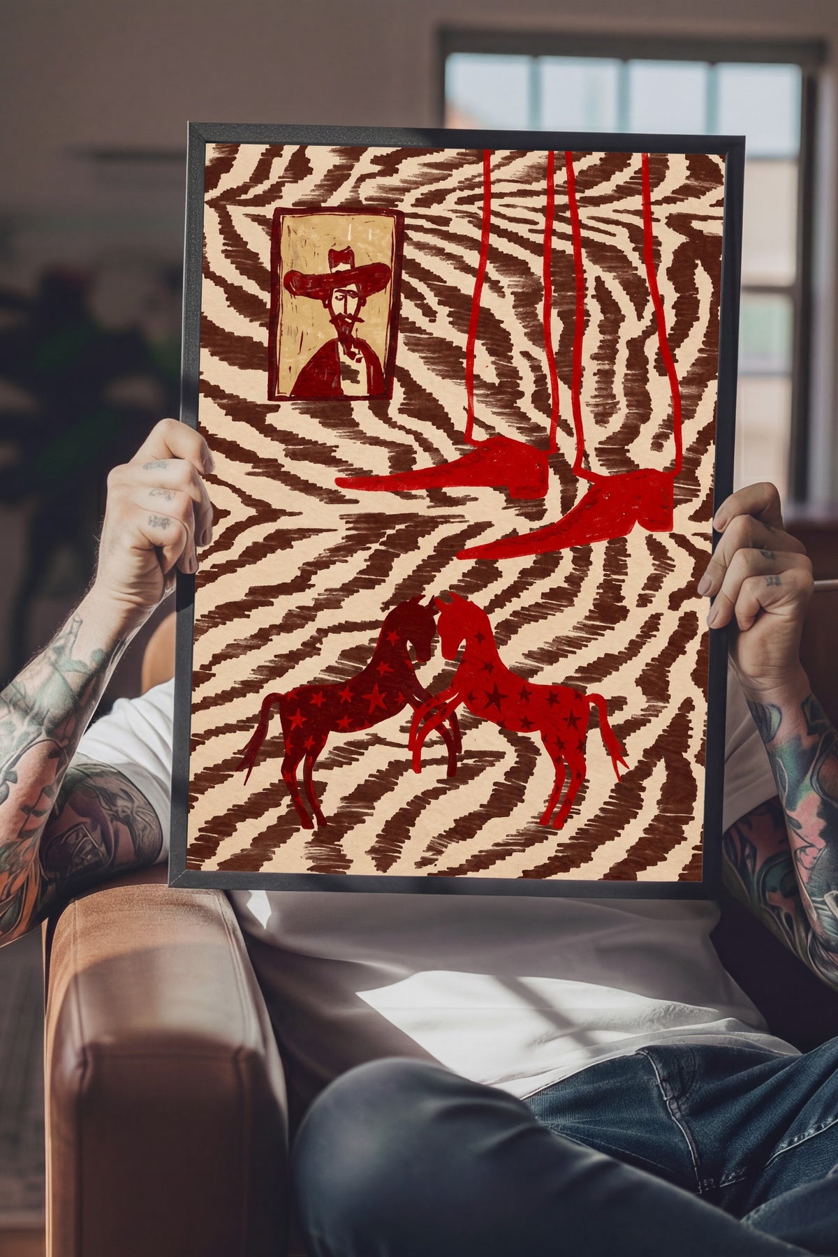Zebra Desenli Atlar ve Portre Poster – Siyah Çerçeveli Tablo