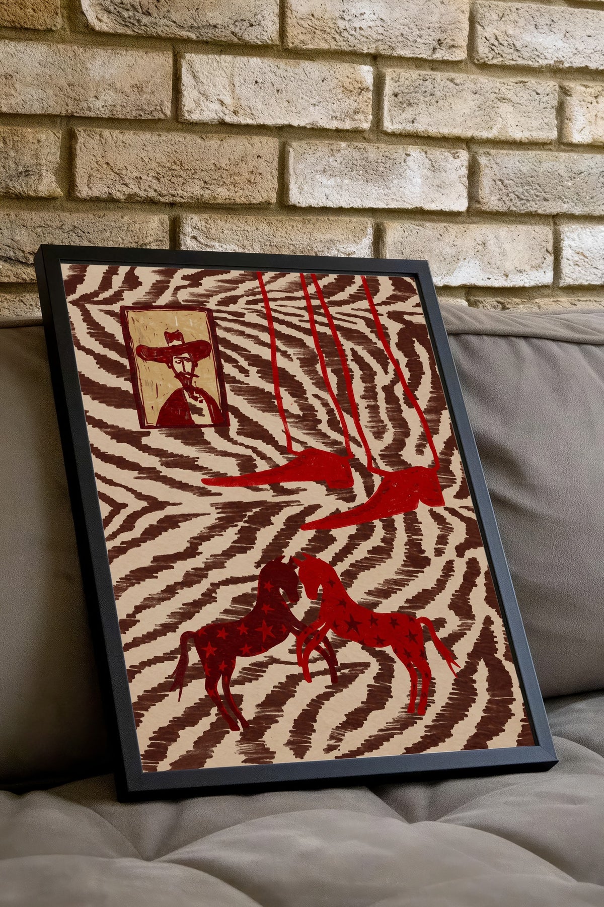 Zebra Desenli Atlar ve Portre Poster – Siyah Çerçeveli Tablo