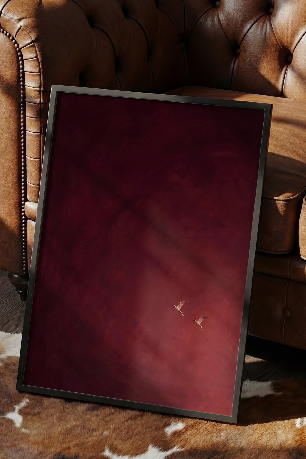 Kızıl Gökyüzünde Uçan Kuşlar Poster – Siyah Çerçeveli Tablo