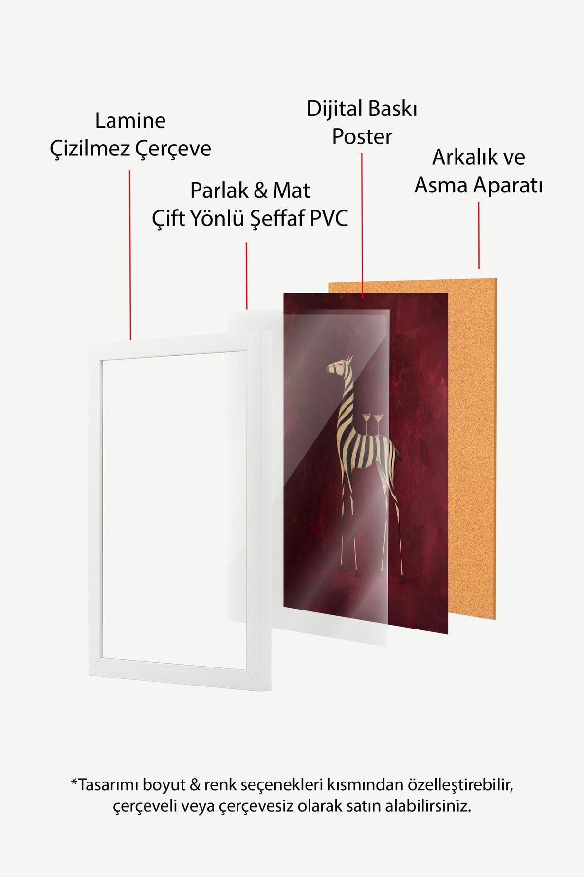 Çizgili Hayvan ve İçecekler Poster – Beyaz Çerçeveli Tablo