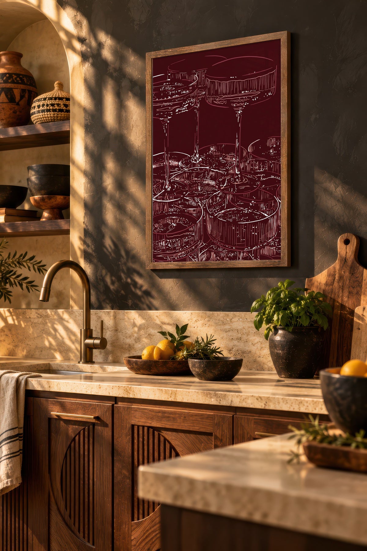 Zarif Bardak Deseni Poster – Kahverengi Çerçeveli Tablo